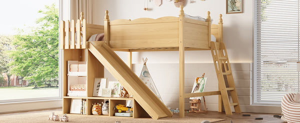 English Elm Full Loft Bed With Fun Slide, Storage Shelves, Solid Wood Design For Kids' Cozy Room Setup W1580S00247
