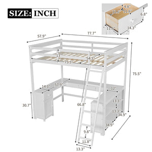 English Elm Full Loft Bed with U-Shaped Workstation, Built-In Drawers, Shelves & Cabinet for Space Saving White GX001039AAK