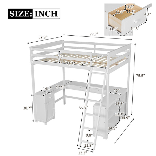English Elm Full Loft Bed with U-Shaped Workstation, Built-In Drawers, Shelves & Cabinet for Space Saving White GX001039AAK