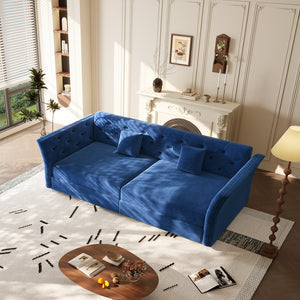 English Elm 74.4" Queen Velvet Sleeper Sofa Artisan Floral Tufted Cushions Converts for Guest Rooms Blue W1885S00306