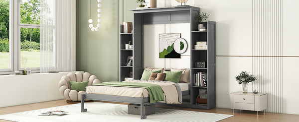 English Elm Full Size Murphy Wall Bed with Led Lighting Side Storage Cabinets and Slatted Support Gray LP000694AAE-1