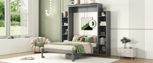 English Elm Full Size Murphy Wall Bed with Led Lighting Open Shelves Space Saving Cabinet Gray LP000694AAE-2