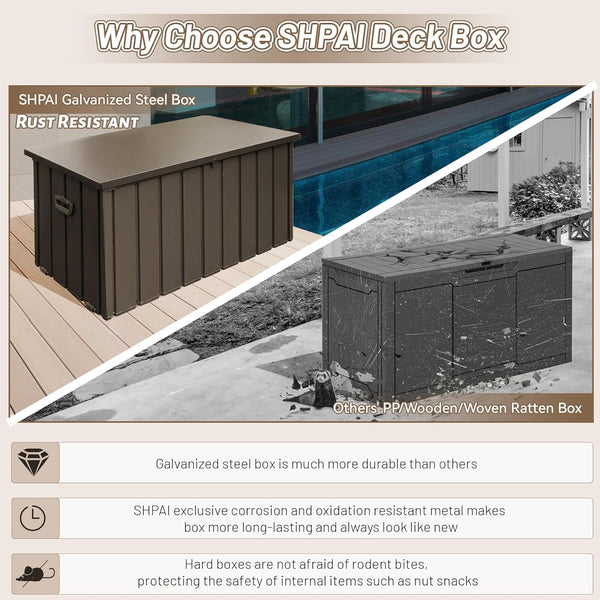 English Elm 190 Gallon Metal Deck Box Waterproof Steel Outdoor StorageBench with Lock, Wheels, Hydraulic Pistons Dark Brown W1859P404346