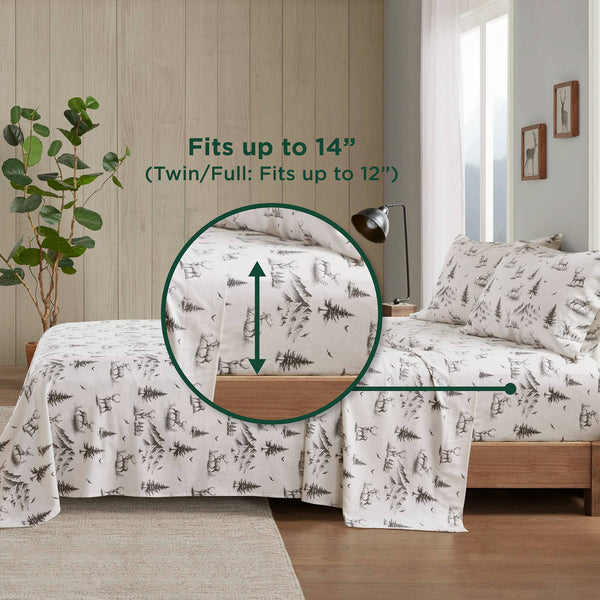 English Elm 4 Pcs Queen Sheet Set - Cozy Gray Deer Toile Cotton Flannel For Rustic Elegance & Comfort B035P319773