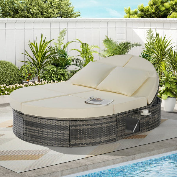 English Elm Outdoor Round Pe Rattan Daybed with Reclining Backrest and Built in Cup Trays Beige W874S00080
