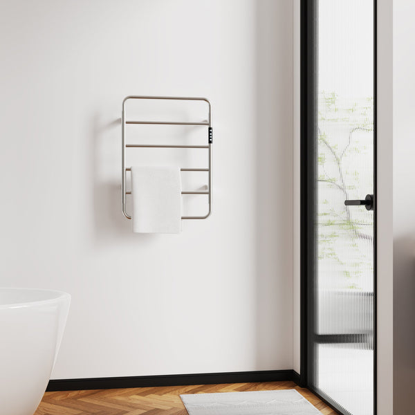 English Elm 18.7" Heated Towel Rack with Touchscreen Timer, 6-Bar Stainless Steel 150W Rapid Warm Carbon Fiber Brushed Nickel T3177P305025