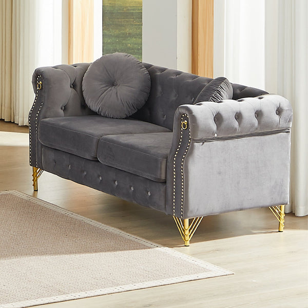 English Elm 60.5-inch Crushed Velvet Chesterfield Sofa Tufted Button Design with Copper Stud Trim Grey W834S00621