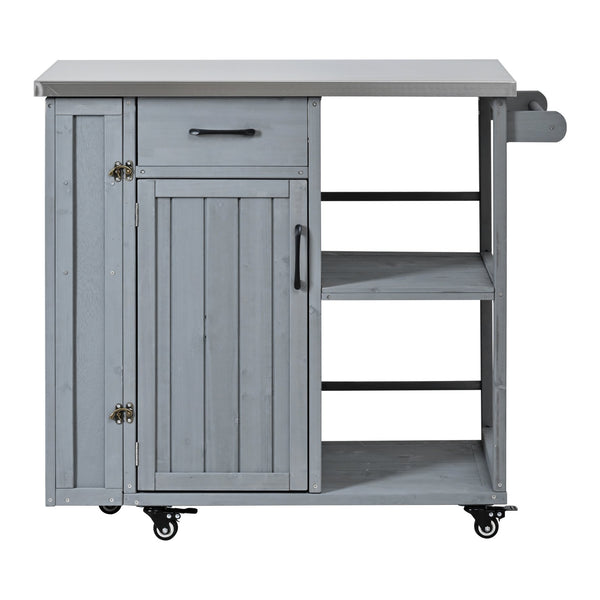 English Elm Foldable Outdoor Kitchen Cart with Stainless Worktop Fir Wood Frame and Lockable Wheels Grey N719P380278E