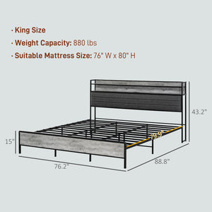 English Elm HOMCOM King Bed Frame with LED RGB Headboard, Charging Station, Under-Bed Storage, Quiet Steel Support W2225P249916