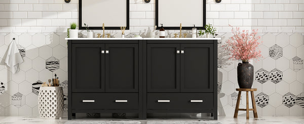 English Elm Modern 48 Inch Freestanding Bathroom Vanity Dual Ceramic Sinks Soft Close Gold Handles Black N729P000001B