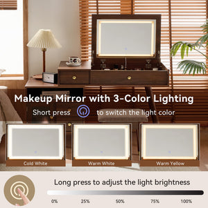 English Elm 3-in-1 Vanity Desk with LED Flip Mirror, Compact Makeup/Dressing Table with Storage Drawers & Stool Walnut N844P291656W