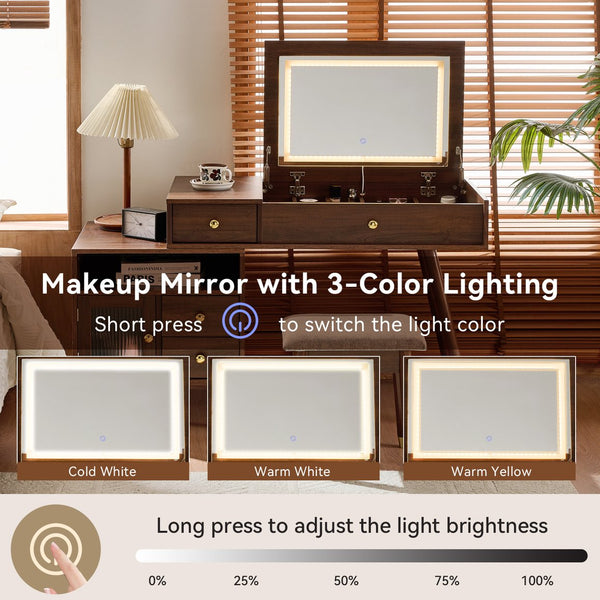 English Elm 3-in-1 Vanity Desk with LED Flip Mirror, Compact Makeup/Dressing Table with Storage Drawers & Stool Walnut N844P291656W