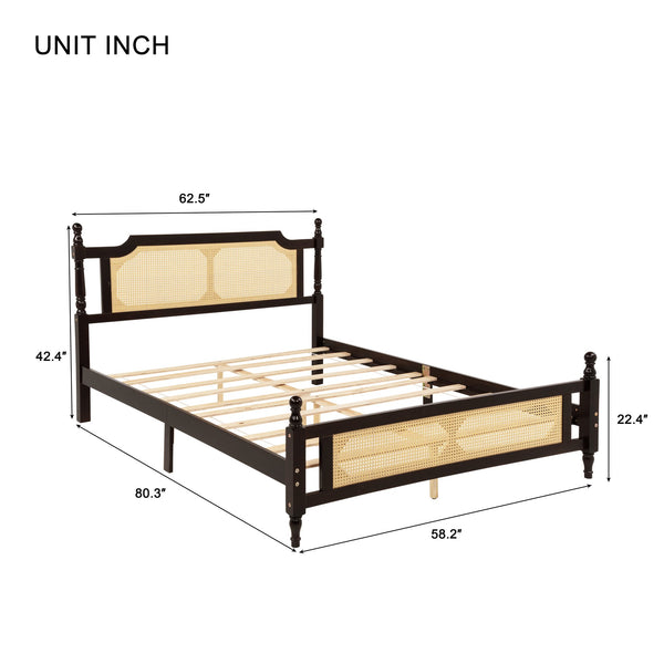 English Elm Queen Pine Rattan Bed in Espresso — Classic Pine Wood Queen Frame, Space-Saving Platform, 400lb Capacity W504P266746