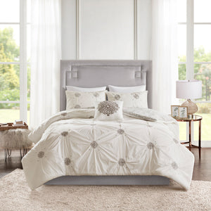 English Elm Full/Queen Malia 4-Piece Embroidered Cotton Reversible Duvet Cover Set — Shabby Chic Ivory Gray Medallion Elegance, Machine Washable, Button Closure B035129164