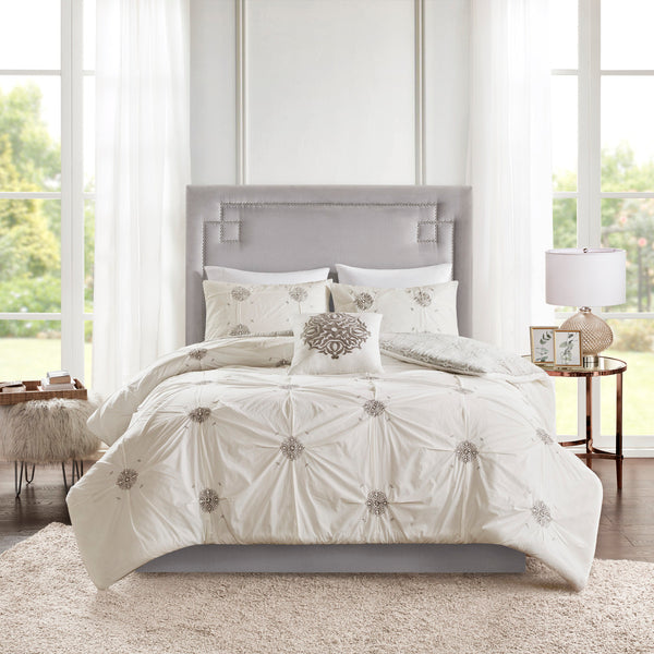 English Elm King/Cal King Malia 4-Piece Embroidered Cotton Reversible Duvet Cover Set – Shabby Chic Ivory Gray Medallion Elegance, Machine Washable B035129165