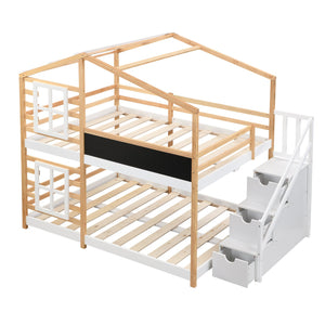 English Elm Twin Over Solid Pine House Bunk Bed with Blackboard Storage Staircase W495S00013