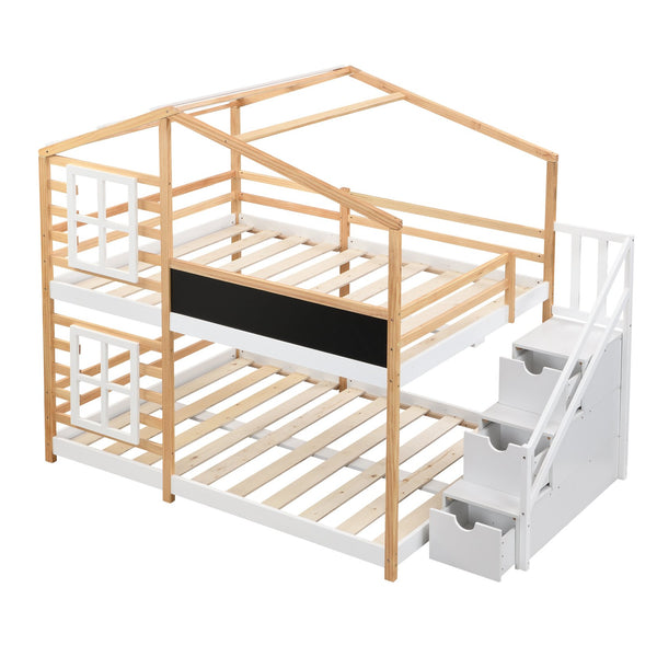 English Elm Twin Over Solid Pine House Bunk Bed with Blackboard Storage Staircase W495S00013