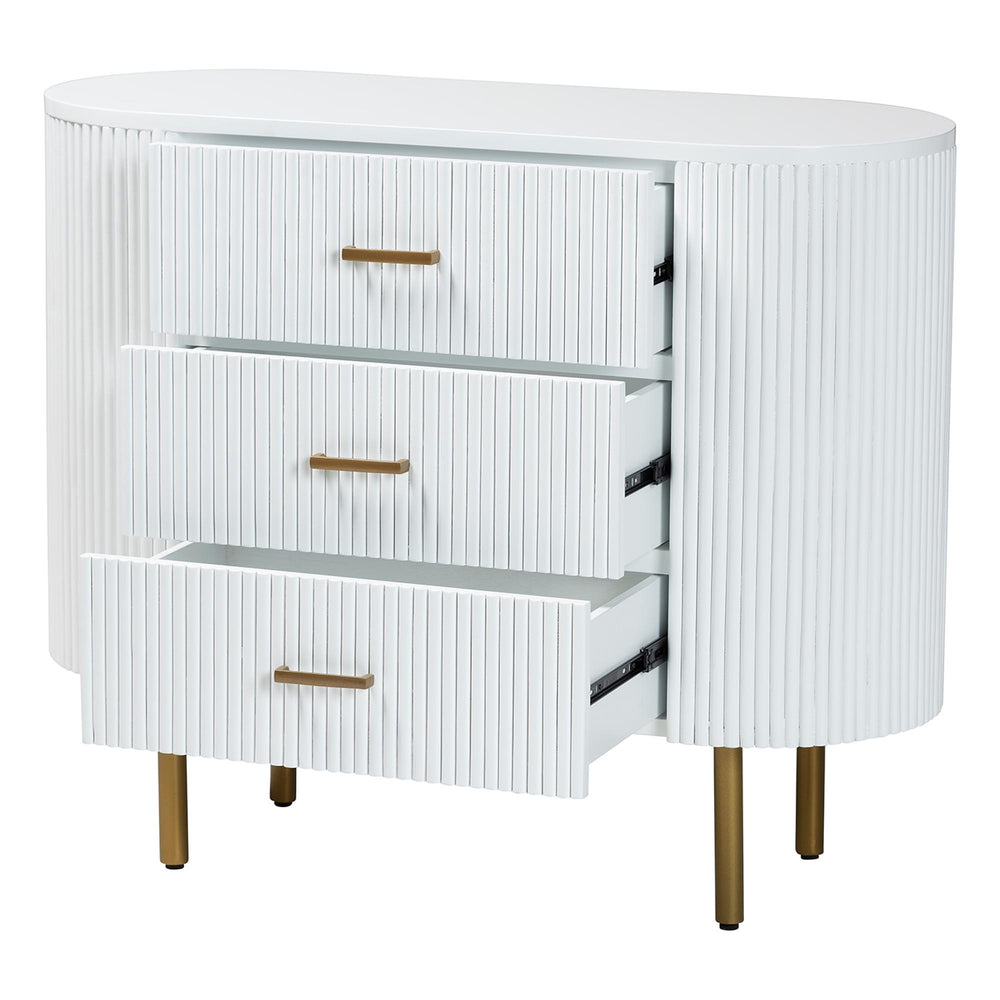 English Elm Mid-century Fluted Mindi Wood Three Drawer Dresser with Tapered Gold Legs B2750P467633