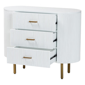 English Elm Mid-century Fluted Mindi Wood Three Drawer Dresser with Tapered Gold Legs B2750P467633