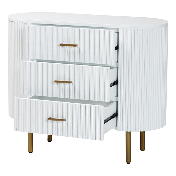 English Elm Mid-century Fluted Mindi Wood Three Drawer Dresser with Tapered Gold Legs B2750P467633