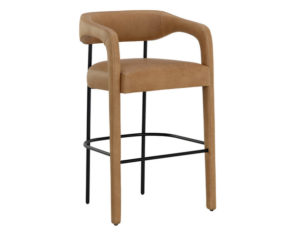 Sunpan Mavia Barstool - Modern Top Grain Leather with Matte Black Powder-Coated Frame for Stylish Dining