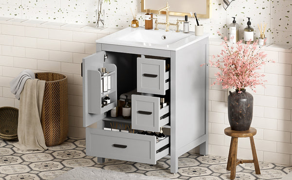 English Elm Modern 24 Inch Bathroom Vanity Solid Wood Cabinet with Ceramic Sink and Soft Close Storage Gray N729P292859E
