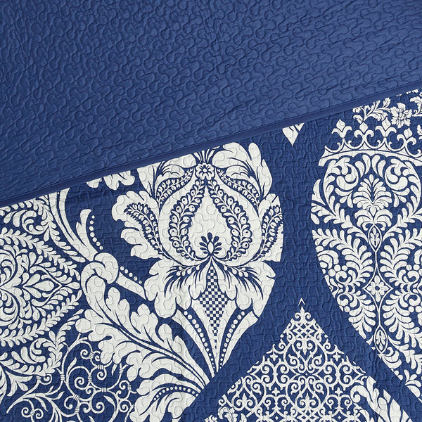 JLA Home Madison Park - 6 Madison Park Vienna Cotton Sateen Quilt Set — Reversible Damask Design with 3 Embroidered Accent Pillows Indigo MP13-5579