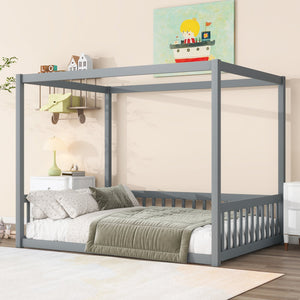 English Elm Full Size Canopy Floor Bed With Guardrails - Sturdy Rubberwood Frame In Soft Grey Finish W504P345754
