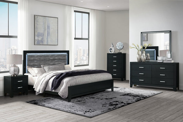 English Elm CARLOS Modern Black 5PC Queen Bedroom Set with Upholstered LED Headboard, Spacious Drawers, Silver Handles B201S00175
