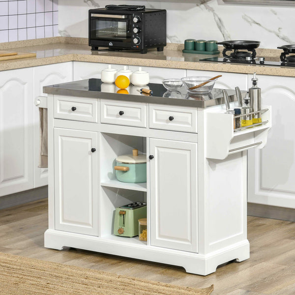 English Elm HOMCOM Stainless Steel Top Rolling Kitchen Island Cart with Drawers, Spice Rack, Cabinets, White W2225P200673