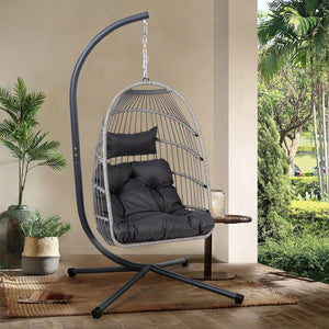 English Elm Foldable Hanging Egg Chair with Stand Pillow, HDPE Wicker, Rust‑Resistant Frame, Cushioned Headrest, 350lb Capacity Gray W2500P369668