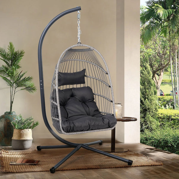 English Elm Foldable Hanging Egg Chair with Stand Pillow, HDPE Wicker, Rust‑Resistant Frame, Cushioned Headrest, 350lb Capacity Gray W2500P369668