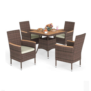 English Elm 5-piece Outdoor Dining Set Pe Rattan Armchairs with Acacia Wood Square Table Brown B082S00066