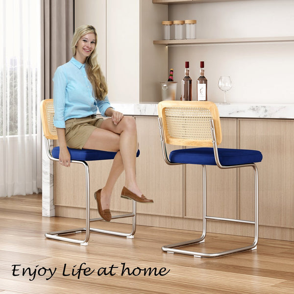 English Elm Farini Velvet Counter Height Bar Stools Set of 2 with Rattan Back, Cantilever Comfort & Floor Protectors Blue T3623P354968