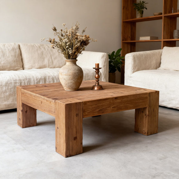 English Elm Coffee Table Solid Wood Square Low Profile Wabi-sabi Living Room Natural Grain W3306P408781