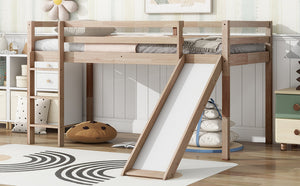 English Elm Twin Low Loft Bed with Slide and Ladder for Kids, Rubberwood Frame, Safety Guardrails & Playspace White Oak W504P218527
