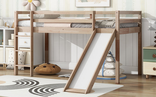 English Elm Twin Low Loft Bed with Slide and Ladder for Kids, Rubberwood Frame, Safety Guardrails & Playspace White Oak W504P218527