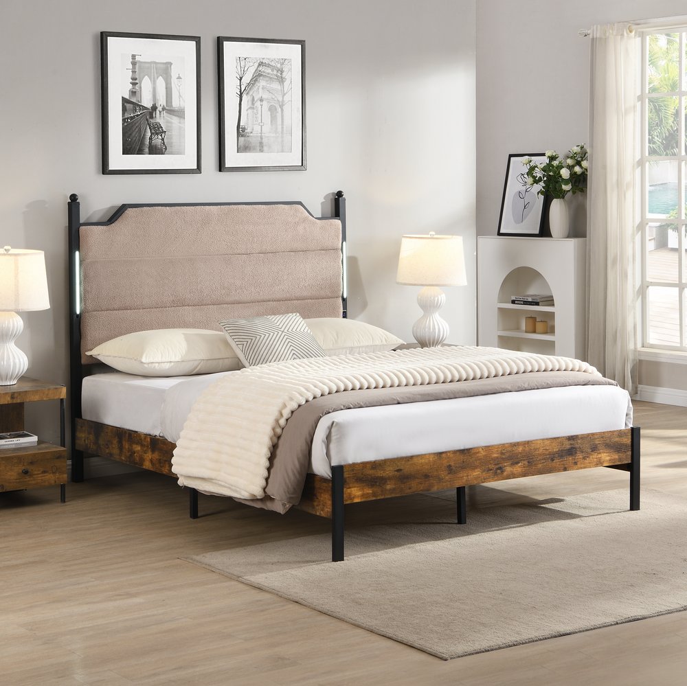 English Elm Queen Platform Bed Lamb Fleece Headboard Led Lighting Usb Charging Under Storage W311P416228