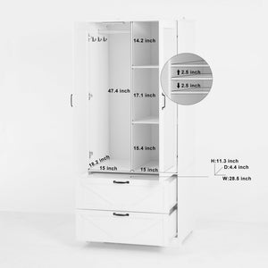 English Elm 2 Door White Wardrobe Closet with Mirror Hanging Rod Drawers and Auto Interior Light W409P167477