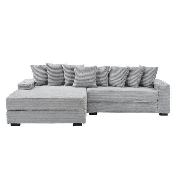 English Elm 111.4 Corduroy L-shaped Sofa with Chaise, Cup Holder & Storage Armrest, Solid Wood Frame, 500lb Capacity Gray W1658S00132