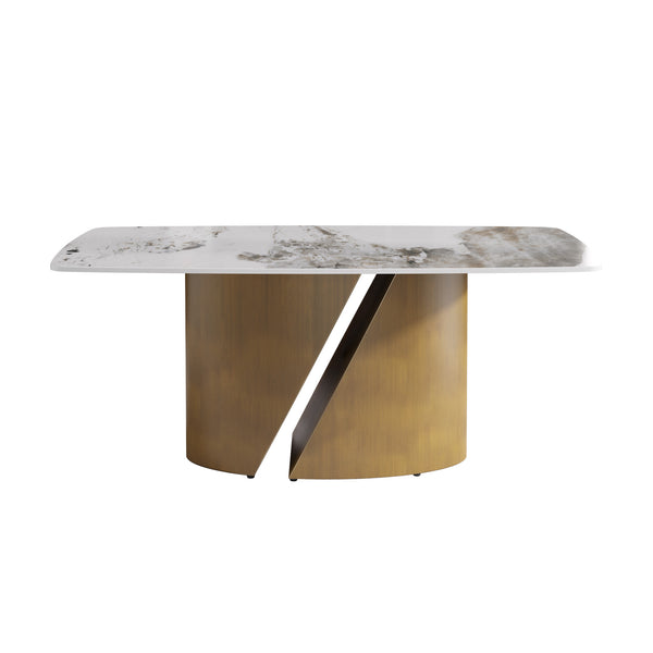 English Elm 70.86" Modern Curved Pandora Dining Table - Marble White Sintered Stone With Bronze Iron Legs, 6-8 Seats W1535S00360