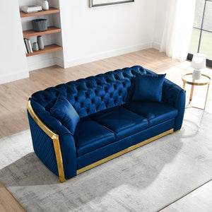 English Elm Luxury Velvet Tufted Chesterfield Loveseat with Gold Steel Trim for Living Room Navy Blue W1191S00117