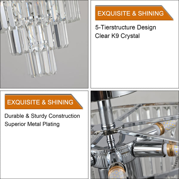 English Elm Large K9 Crystal Chandelier White Chrome Modern 5-Layer 10-E12 Fixture Dimmable Elegant Lighting W2312P374963