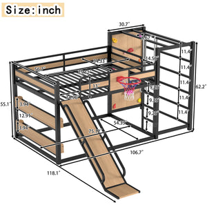 English Elm Twin Metal Loft Bed with Slide Basketball Hoop Climbing Wall and Built-in Shelves W1580S00632