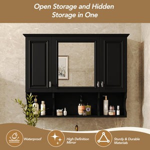 English Elm 35'' Modern Wall-Mounted Medicine Cabinet with Mirror, Hidden Storage and Open Shelves for Bath Black N710P209443B