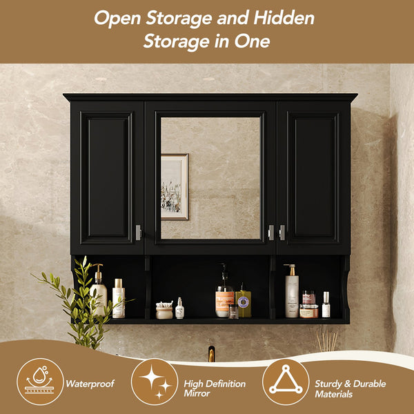 English Elm 35'' Modern Wall-Mounted Medicine Cabinet with Mirror, Hidden Storage and Open Shelves for Bath Black N710P209443B