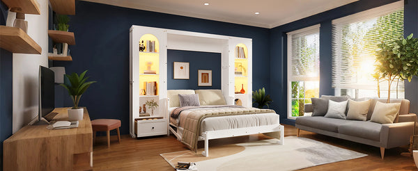 English Elm Queen Murphy Bed with Led Lighting Side Cabinets Shelving and Fold Down Desk Panel White N7090002226K-1