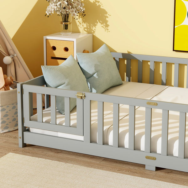 English Elm Full Size Rubberwood Floor Bed with Safety Guardrails and Latching Door for Toddlers Grey W504P429296