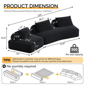 English Elm 139" Modern Oversized Modular Sectional Sofa Set - Fluffy Chenille Upholstery, Deep Seats, Removable Backrests, Plush Pillows, No Assembly Required DARK GREY W3219S00002