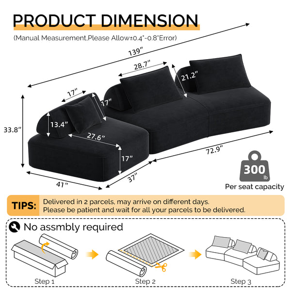 English Elm 139" Modern Oversized Modular Sectional Sofa Set - Fluffy Chenille Upholstery, Deep Seats, Removable Backrests, Plush Pillows, No Assembly Required DARK GREY W3219S00002